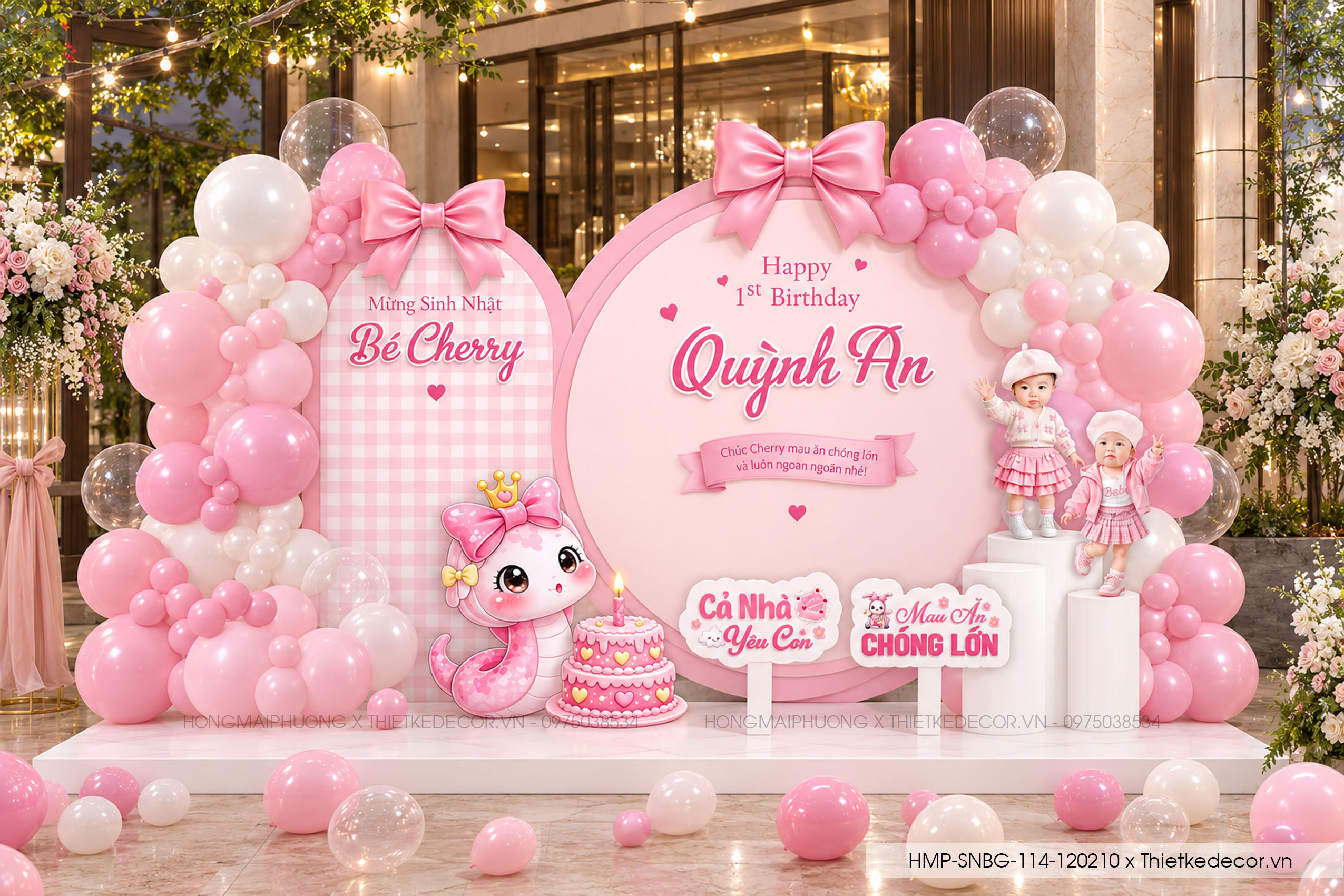 File thiết kế decor trang trí tiệc sinh nhật bé gái tuổi tỵ - rắn mix nơ, bong bóng cute dễ thương đáng yêu tone hồng